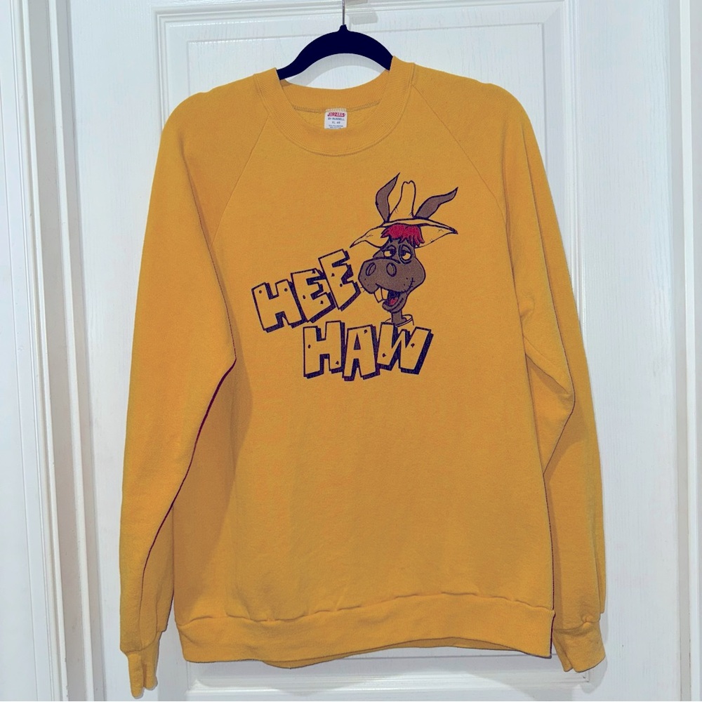 Vintage 80s Hee Haw Printed Yellow Sweatshirt Jerzees USA Ultra Rare Donkey